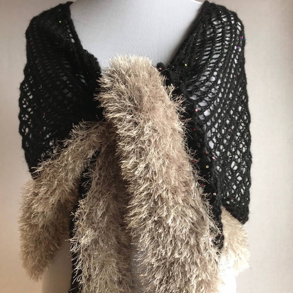 New Hand Knitted Shawl with Fur trim and sequins. Long scarf, Wrap.Gift for Her - Picture 2 of 16